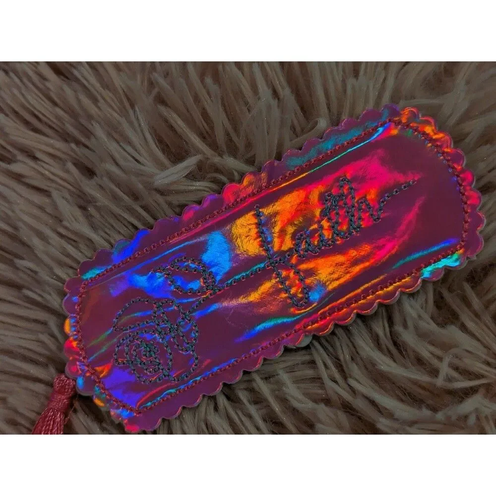 Shimmery pink holographic bookmark embroidered Faith brand new